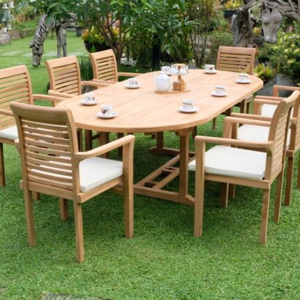 Teak Belgrave 8 Seater Extending Table 1.8m-2.4m (4cm Thick Top) with 8 Belgrave Stacking Chairs (Garden / Outdoor Dining Set)