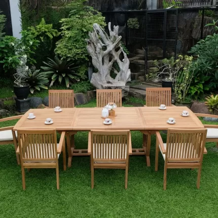 Teak Burnham 10 Seater Extending Table 2m-3m (4cm Thick Top) with 10 Burnham Stacking Chairs (Garden / Outdoor Dining Set)