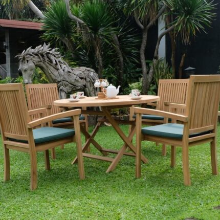 Teak Sunburst Folding Table 120cm (4cm Thick Top) with Burnham Stacking Chair (Garden / Outdoor Dining Set)