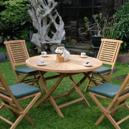Teak Sunburst Folding Table 120cm (4cm Thick Top) with Hanton Folding Chair (Garden / Outdoor Dining Set)