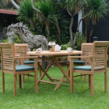 Teak Sunburst Folding Table 120cm (4cm Thick Top) with Belgrave Stacking Chair (Garden / Outdoor Dining Set)