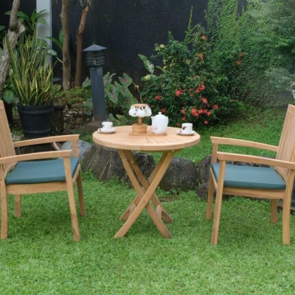 Teak Sunburst Folding Table 80cm (4cm Thick Top) with Burnham Stacking Chair (Garden / Outdoor Dining Set)