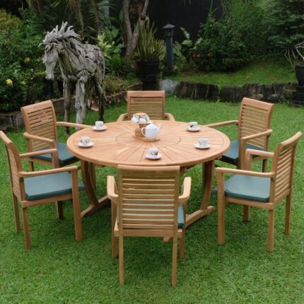 Teak Sunburst Round Table 150cm (4cm Thick Top) with Belgrave Stacking Chair (Garden / Outdoor Dining Set)
