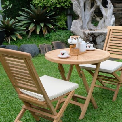 Teak Sunburst Folding Table 80cm (4cm Thick Top) with Hanton Folding Chair (Garden / Outdoor Dining Set)