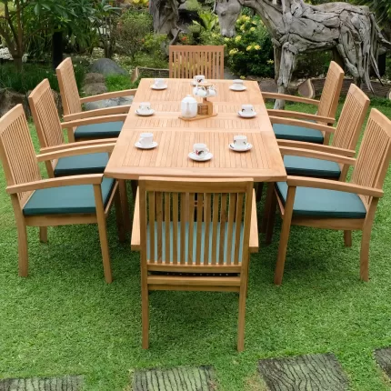 Teak Burnham 8 Seater Extending Table 1.8m-2.4m (4cm Thick Top) with 8 Burnham Stacking Chairs (Garden / Outdoor Dining Set)