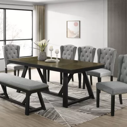 8 Seater Heritage Wooden Rectangle Table 1.96m with 5 Dining Chairs & Bench