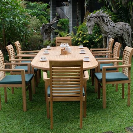 Teak Belgrave 10 Seater Extending Table 2m-3m (4cm Thick Top) with 10 Belgrave Stacking Chairs (Garden / Outdoor Dining Set)