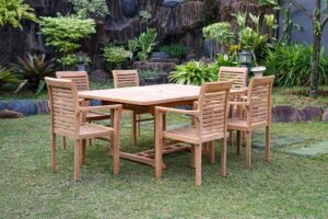 Teak Dorchester 6 Seater Extending Table 1.2m-1.7m with 6 Belgrave Stacking Chair  (Garden / Outdoor Dining Set)