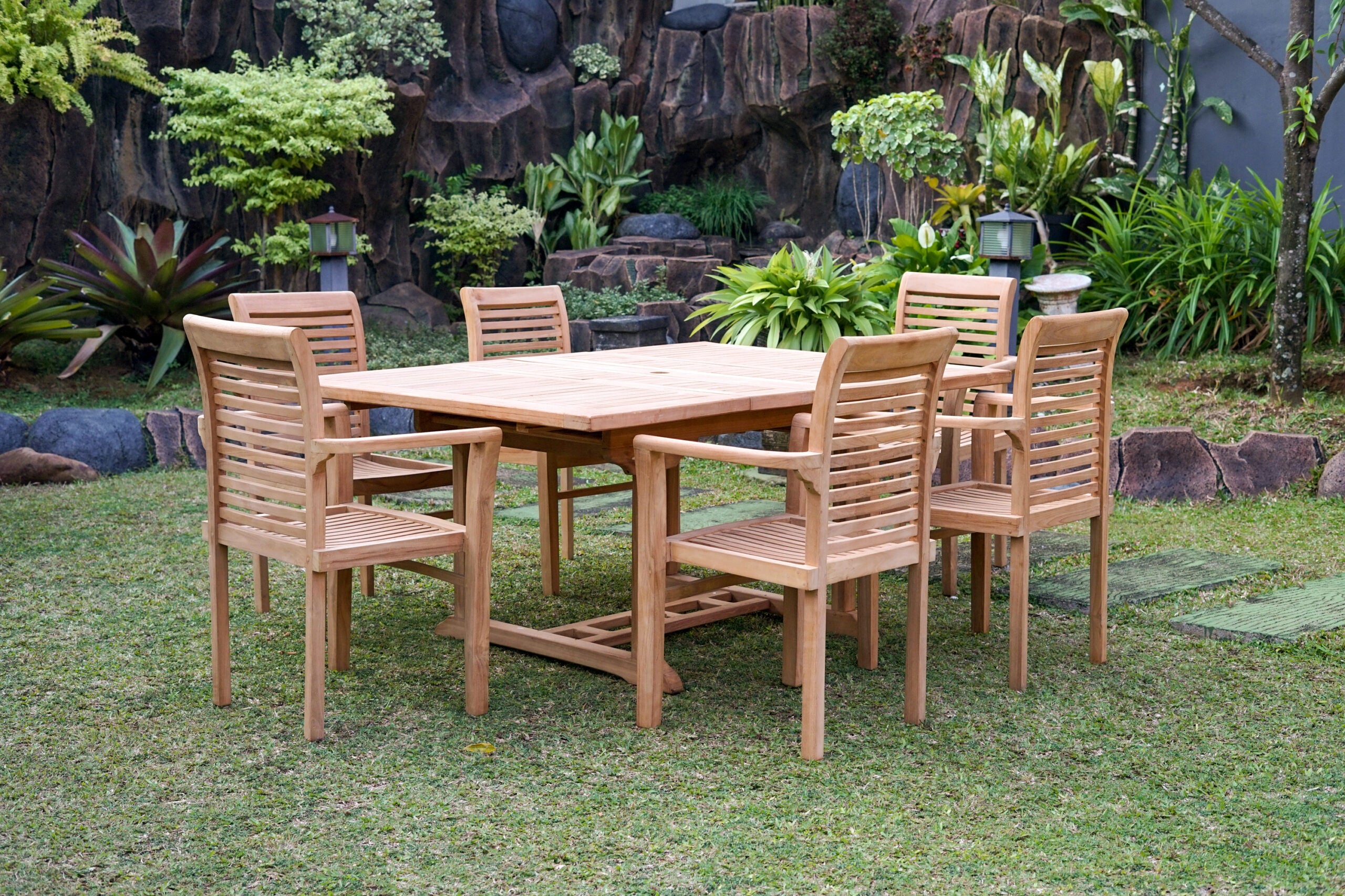 Teak Dorchester 6 Seater Extending Table 1.2m-1.7m with 6 Belgrave Stacking Chair (Garden / Outdoor Dining Set)
