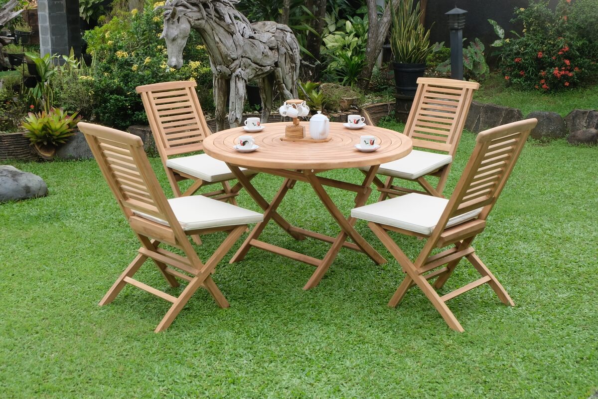 Teak Ripple Folding Table 120cm (4cm Thick Top) with Hanton Folding Chair (Garden / Outdoor Dining Set)
