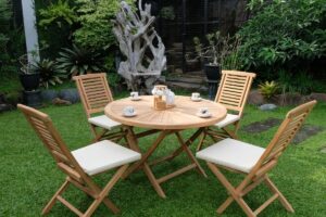 Teak Sunburst Folding Table 120cm (4cm Thick Top) with Hanton Folding Chair  (Garden / Outdoor Dining Set)