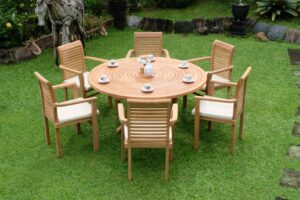 Teak Ripple Round 6 Seater Table  150cm (4cm Thick Top) with 6 Belgrave Stacking Chairs (Garden / Outdoor Dining Set)