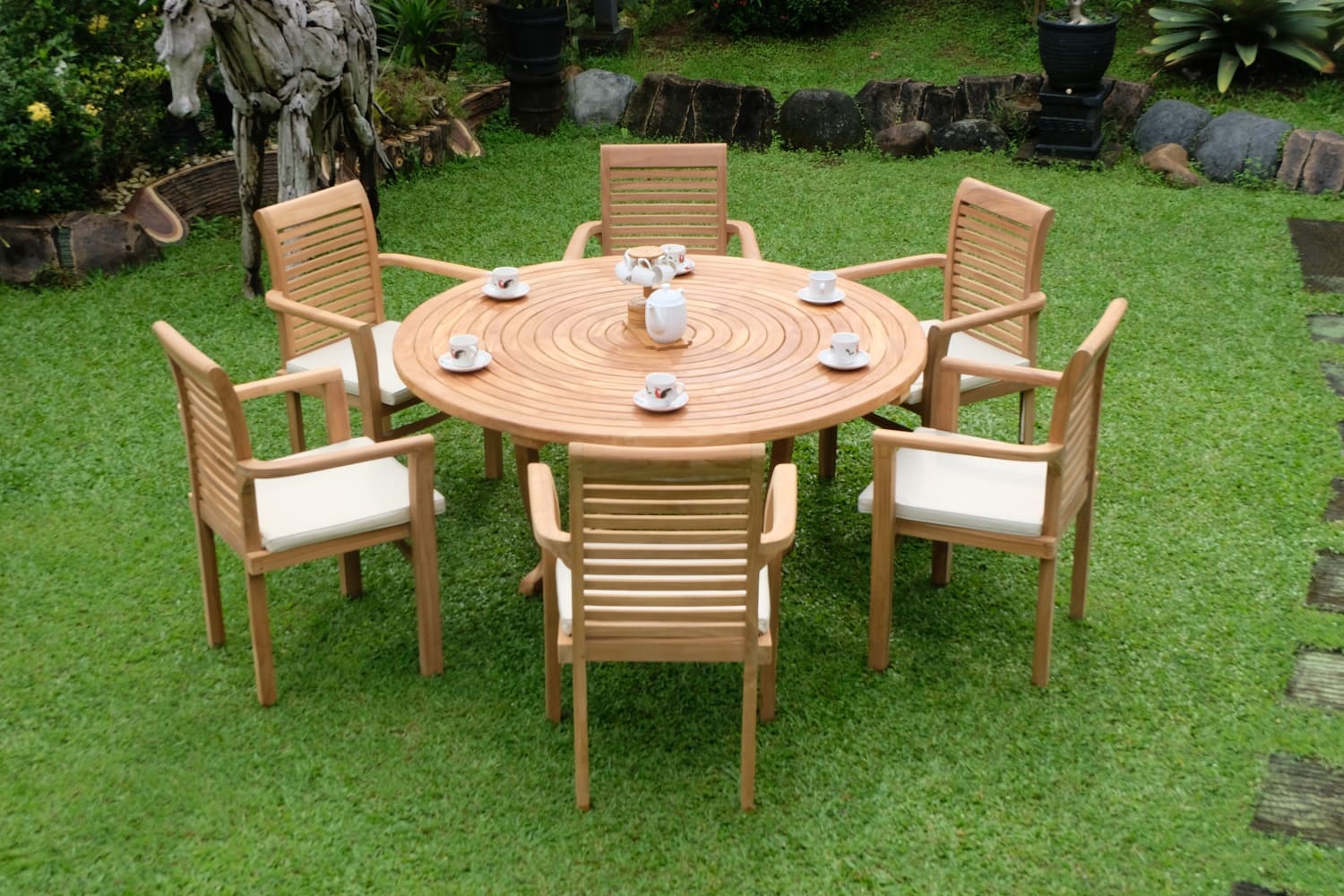 Teak Ripple Round 6 Seater Table  150cm (4cm Thick Top) with 6 Belgrave Stacking Chairs (Garden / Outdoor Dining Set)