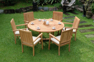 Teak Ripple Round 6 Seater Table  150cm (4cm Thick Top) with 6 Burnham Stacking Chairs (Garden / Outdoor Dining Set)