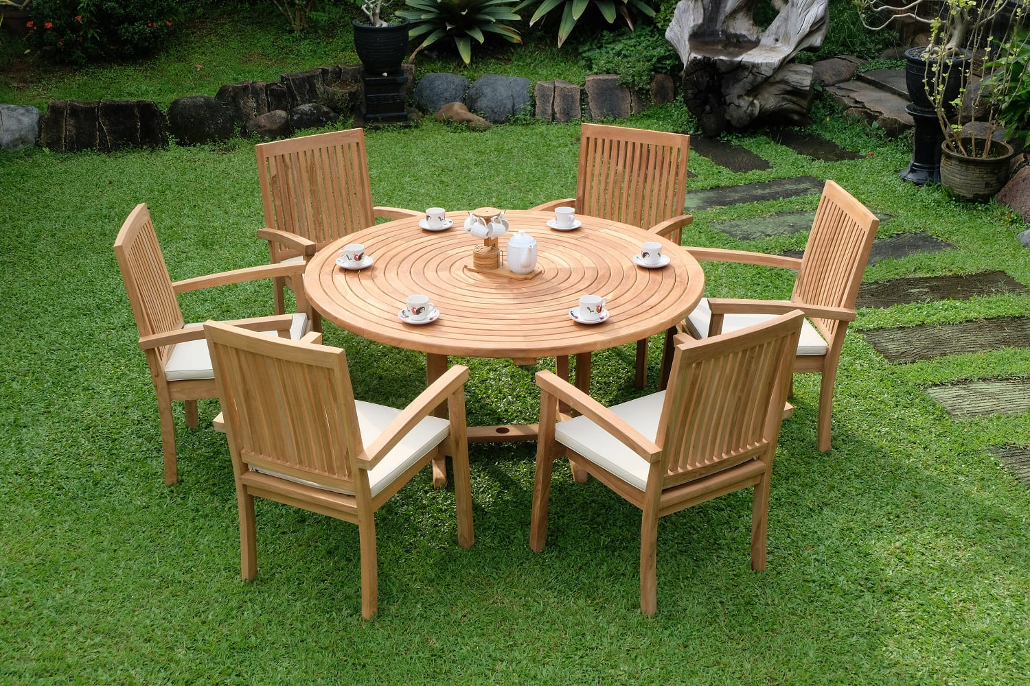 Teak Ripple Round 6 Seater Table  150cm (4cm Thick Top) with 6 Burnham Stacking Chairs (Garden / Outdoor Dining Set)