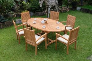 Teak Sunburst Oval 8 Seater Table  200cm (4cm Thick Top) with 6 Burnham Stacking Chairs (Garden / Outdoor Dining Set)