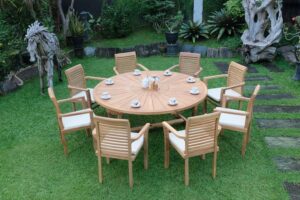 Teak Sunburst Round 8 Seater Table  180cm (4cm Thick Top) with 8 Belgrave Stacking Chairs (Garden / Outdoor Dining Set)