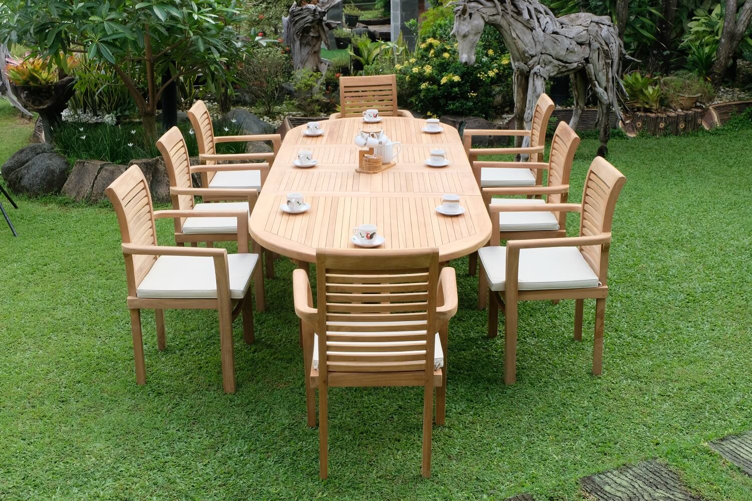 Teak Belgrave 10 Seater Extending Table 2m-3m (4cm Thick Top) with 10 Belgrave Stacking Chairs (Garden / Outdoor Dining Set)